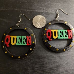 Black 'QUEEN' Hoop Earrings with Red, Yellow & Green Letters